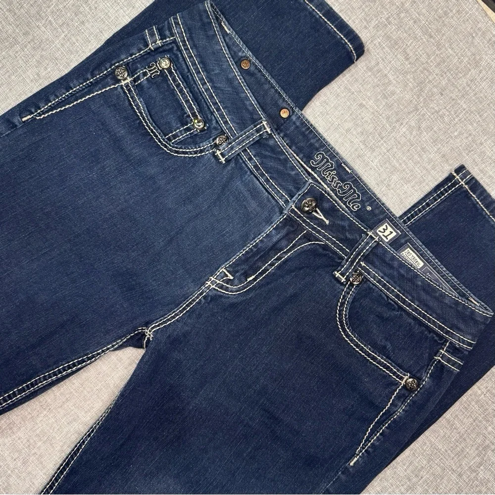 Miss Me Easy Skinny Jean Fleur De Lis Dark Wash Jeans Rhinestone Bling Size 31 - Picture 5 of 10